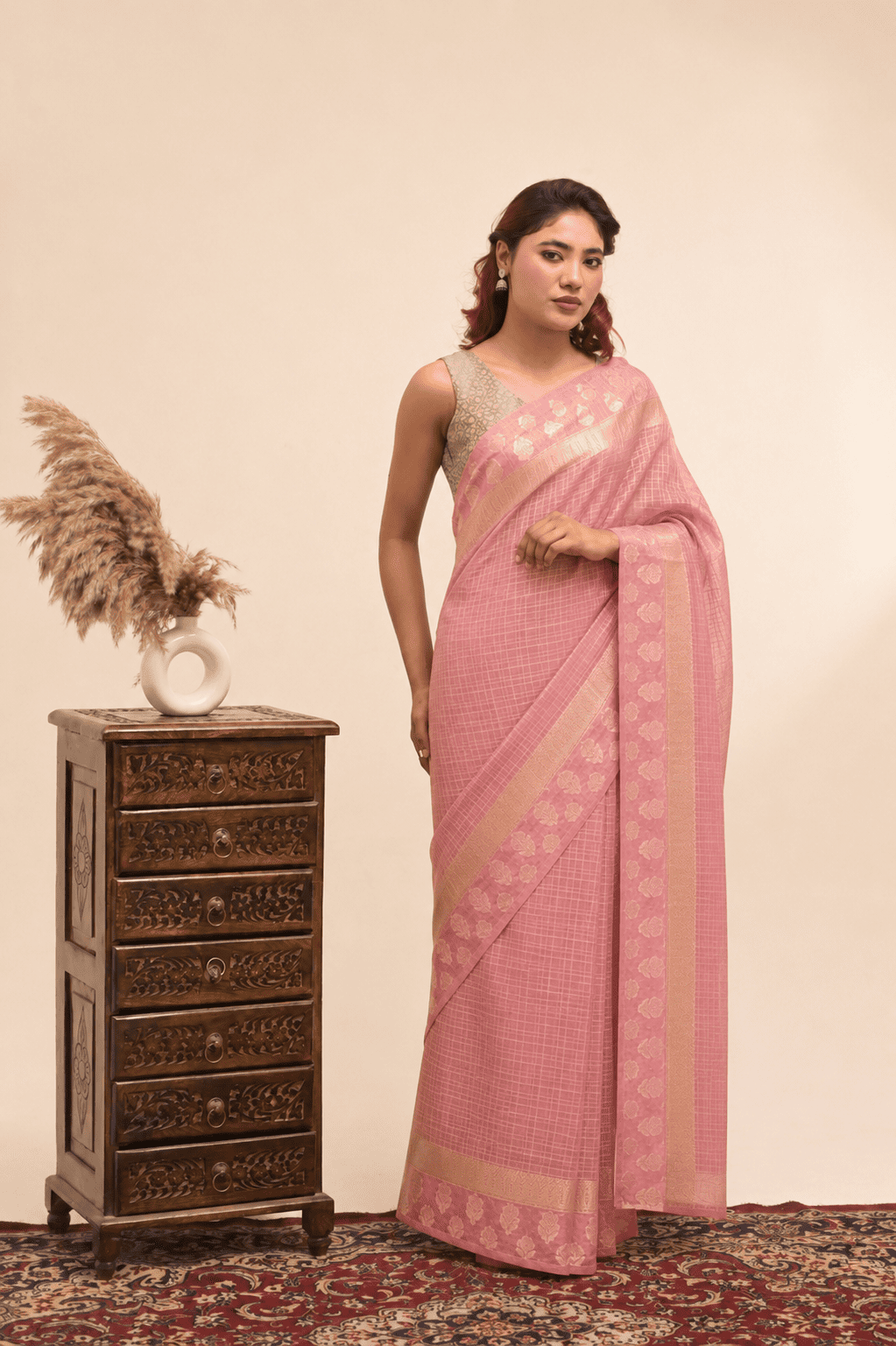 Banarasi Handloom Kora Silk Rose Pink Sari with Rose Buti Border & Blouse
